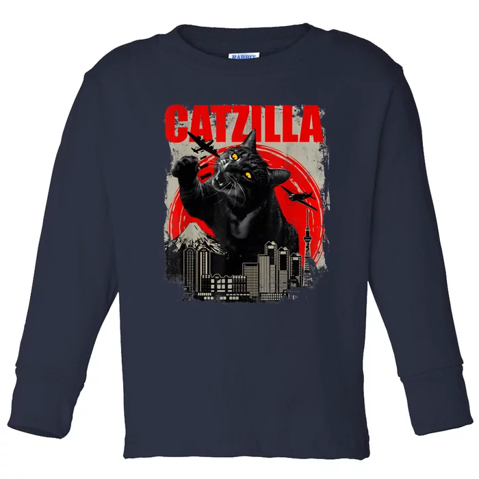 Catzilla Vintage Funny Cute Cat Art Japanese Sunset Kitten Kitty Toddler Long Sleeve Shirt