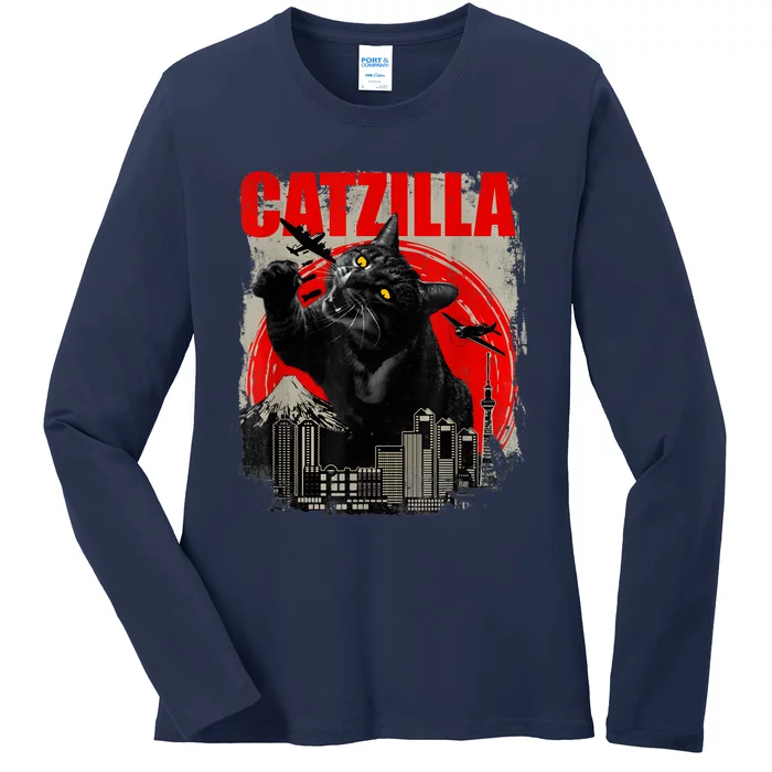 Catzilla Vintage Funny Cute Cat Art Japanese Sunset Kitten Kitty Ladies Long Sleeve Shirt