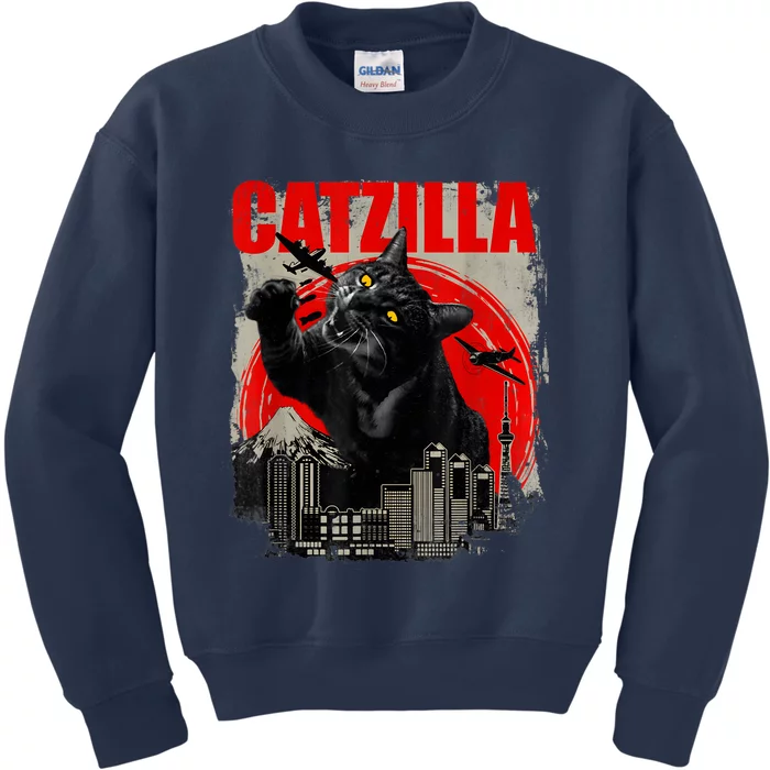 Catzilla Vintage Funny Cute Cat Art Japanese Sunset Kitten Kitty Kids Sweatshirt