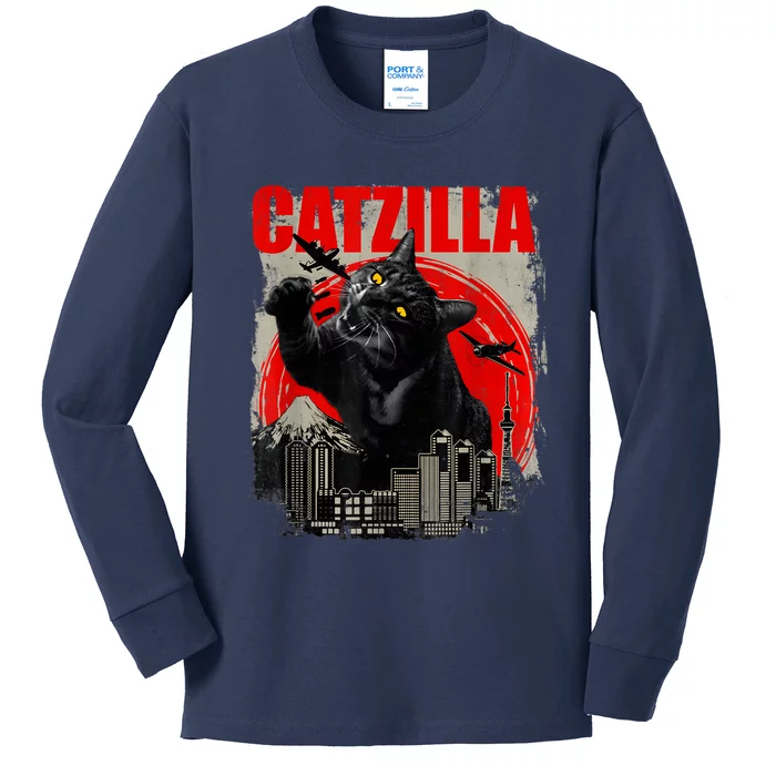 Catzilla Vintage Funny Cute Cat Art Japanese Sunset Kitten Kitty Kids Long Sleeve Shirt