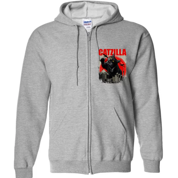 Catzilla Vintage Funny Cute Cat Art Japanese Sunset Kitten Kitty Full Zip Hoodie