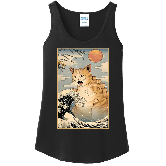 Catzilla Vintage Funny Cute Cat Art Japanese Sunset Kitten Lovers Ladies Essential Tank