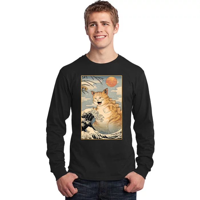 Catzilla Vintage Funny Cute Cat Art Japanese Sunset Kitten Lovers Tall Long Sleeve T-Shirt