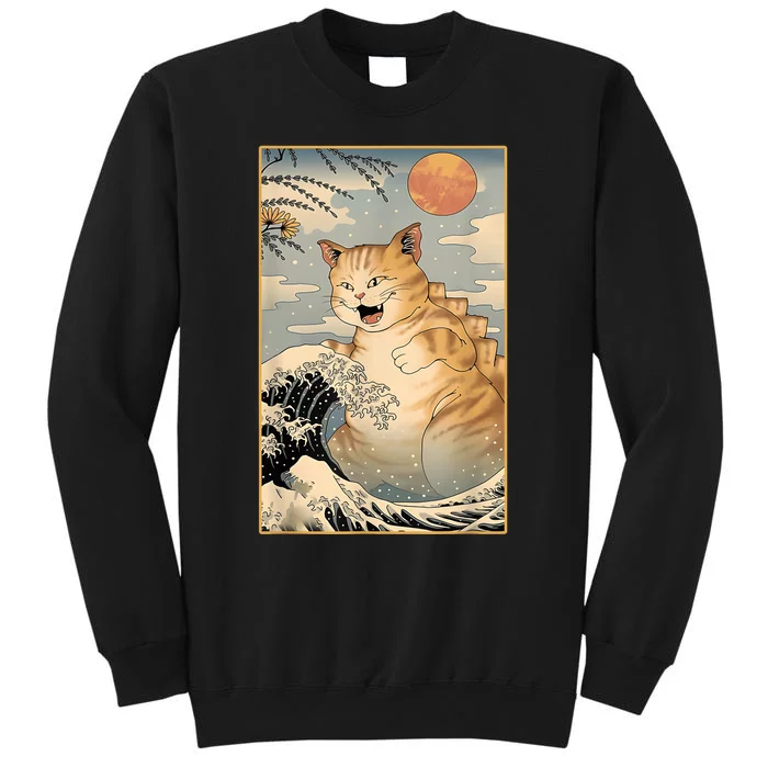 Catzilla Vintage Funny Cute Cat Art Japanese Sunset Kitten Lovers Tall Sweatshirt