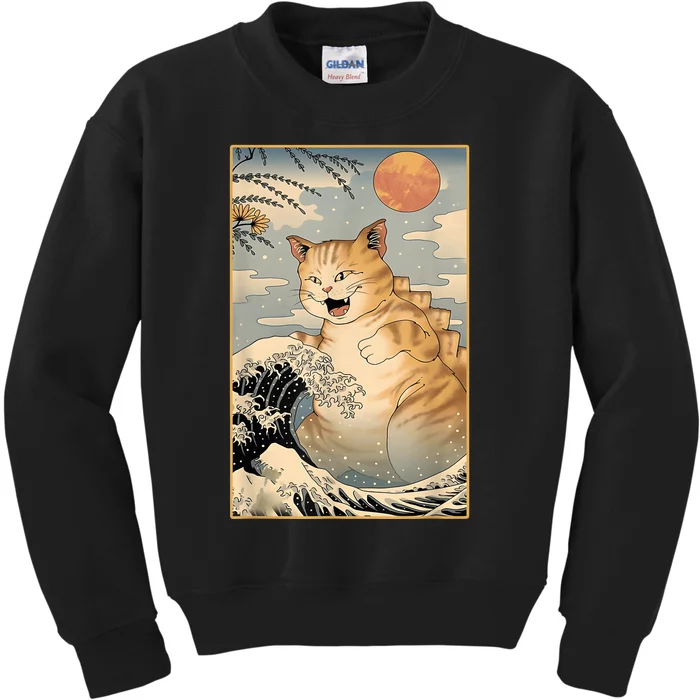 Catzilla Vintage Funny Cute Cat Art Japanese Sunset Kitten Lovers Kids Sweatshirt