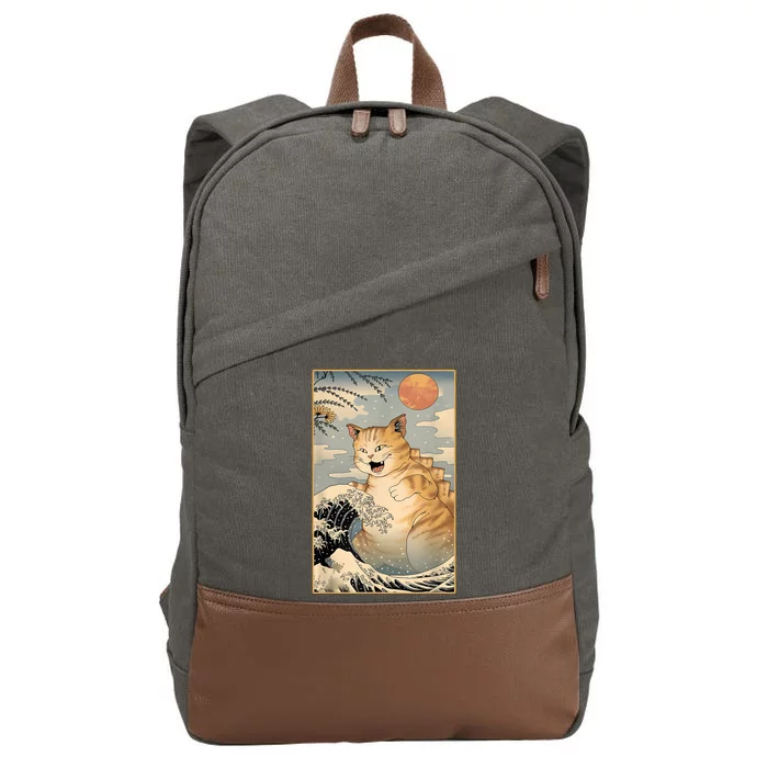 Catzilla Vintage Funny Cute Cat Art Japanese Sunset Kitten Lovers Cotton Canvas Backpack