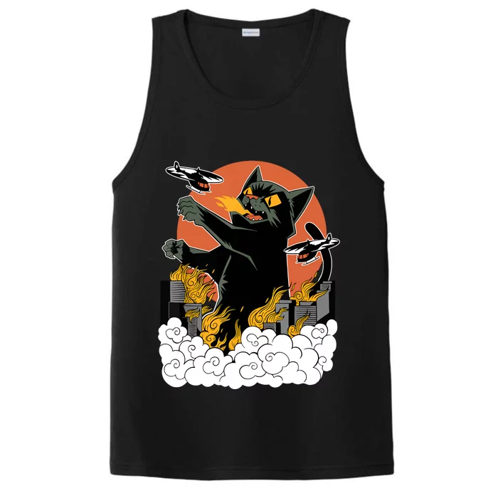 Catzilla Vintage Funny Cute Cat Art Japanese Sunset Kitten Lovers Performance Tank