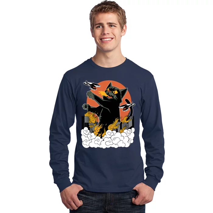 Catzilla Vintage Funny Cute Cat Art Japanese Sunset Kitten Lovers Long Sleeve Shirt