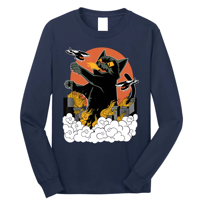 Catzilla Vintage Funny Cute Cat Art Japanese Sunset Kitten Lovers Long Sleeve Shirt