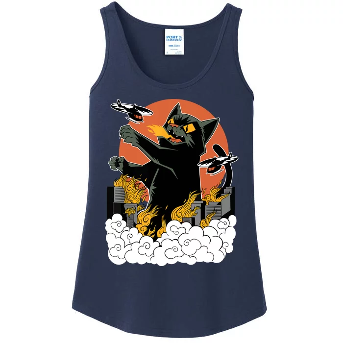 Catzilla Vintage Funny Cute Cat Art Japanese Sunset Kitten Lovers Ladies Essential Tank