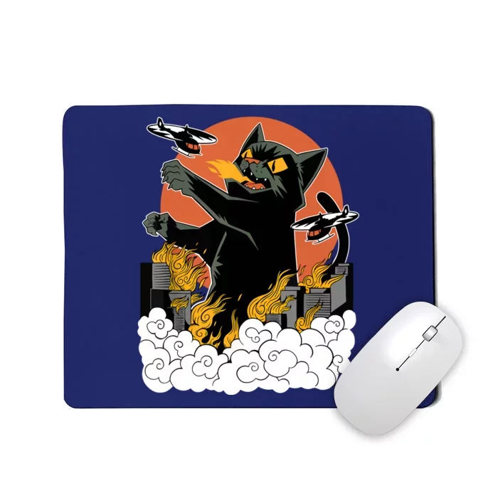 Catzilla Vintage Funny Cute Cat Art Japanese Sunset Kitten Lovers Mousepad