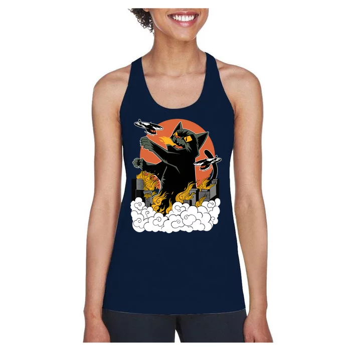 Catzilla Vintage Funny Cute Cat Art Japanese Sunset Kitten Lovers Women's Racerback Tank