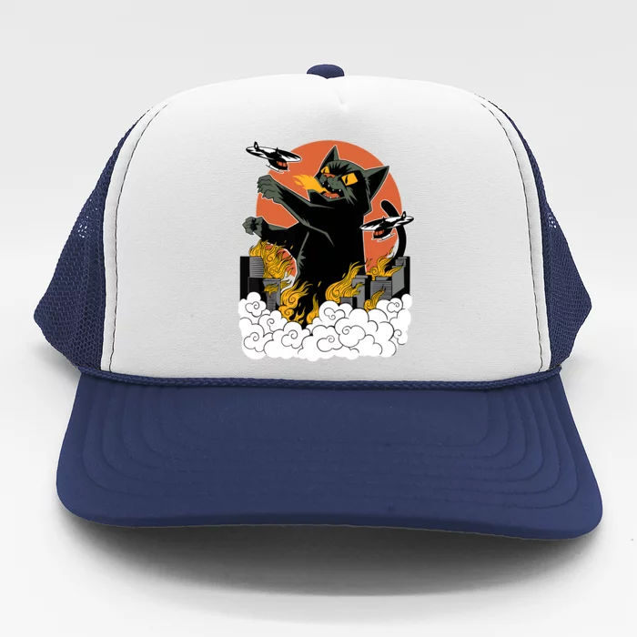 Catzilla Vintage Funny Cute Cat Art Japanese Sunset Kitten Lovers Trucker Hat