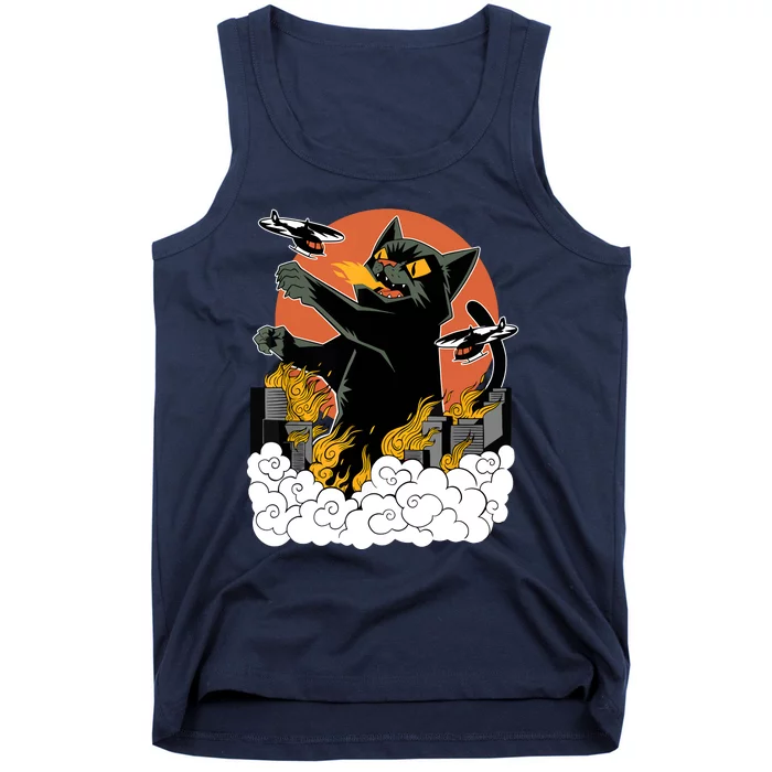 Catzilla Vintage Funny Cute Cat Art Japanese Sunset Kitten Lovers Tank Top