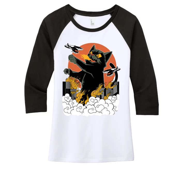 Catzilla Vintage Funny Cute Cat Art Japanese Sunset Kitten Lovers Women's Tri-Blend 3/4-Sleeve Raglan Shirt