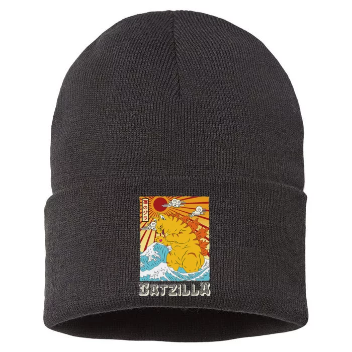 Catzilla Vintage Funny Cute Cat Art Japanese Sunset Sustainable Knit Beanie