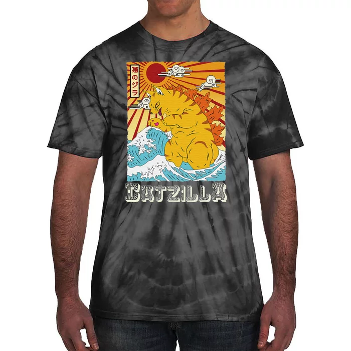 Catzilla Vintage Funny Cute Cat Art Japanese Sunset Tie-Dye T-Shirt