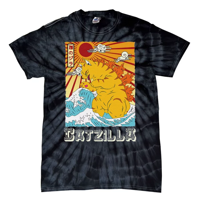 Catzilla Vintage Funny Cute Cat Art Japanese Sunset Tie-Dye T-Shirt