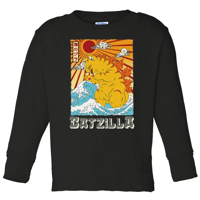 Catzilla Vintage Funny Cute Cat Art Japanese Sunset Toddler Long Sleeve Shirt