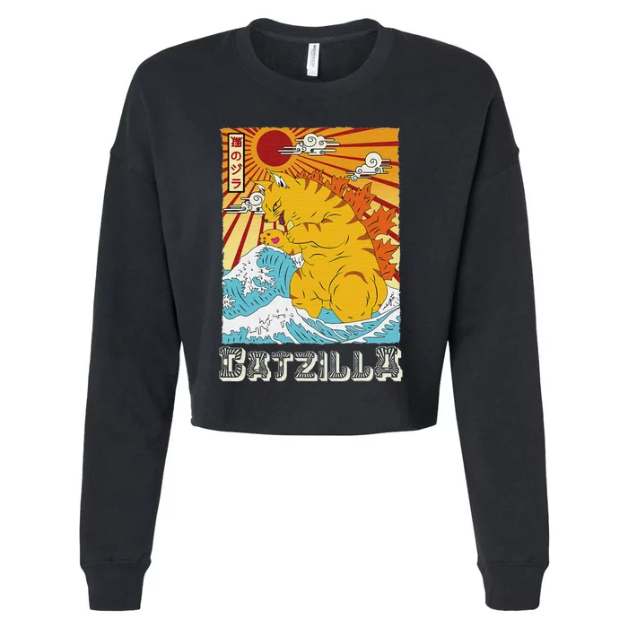 Catzilla Vintage Funny Cute Cat Art Japanese Sunset Cropped Pullover Crew