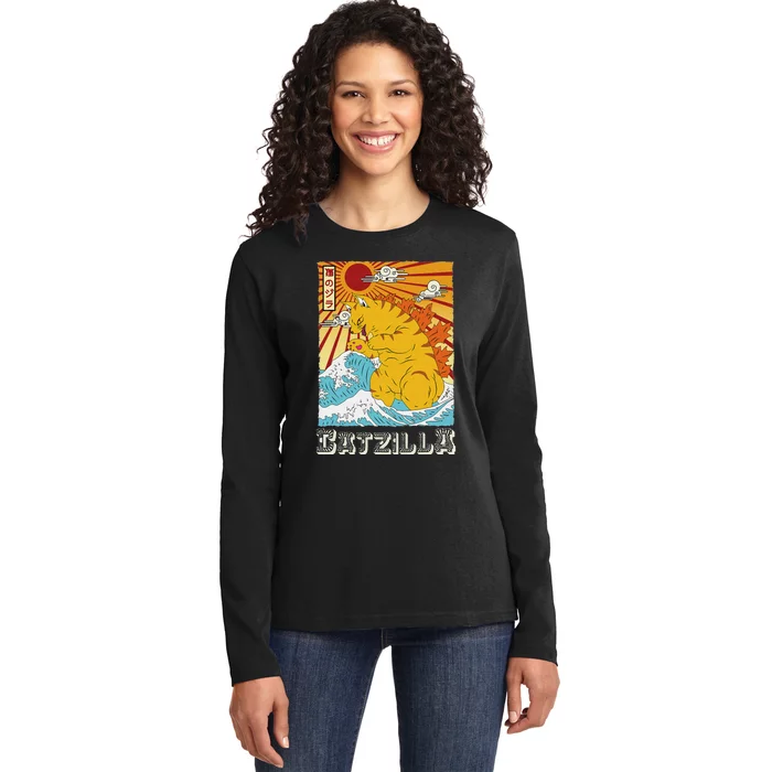 Catzilla Vintage Funny Cute Cat Art Japanese Sunset Ladies Long Sleeve Shirt