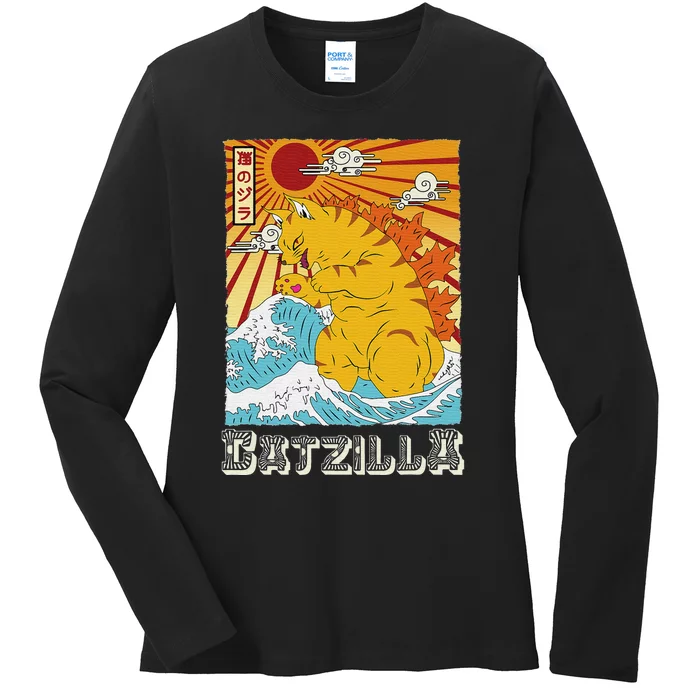 Catzilla Vintage Funny Cute Cat Art Japanese Sunset Ladies Long Sleeve Shirt