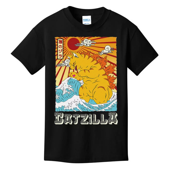 Catzilla Vintage Funny Cute Cat Art Japanese Sunset Kids T-Shirt