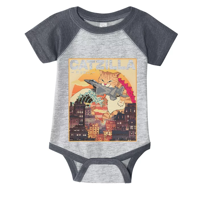 Catzilla Vintage Funny Cute Cat Art Japanese Sunset Cute Infant Baby Jersey Bodysuit