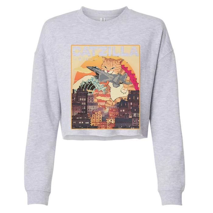 Catzilla Vintage Funny Cute Cat Art Japanese Sunset Cute Cropped Pullover Crew