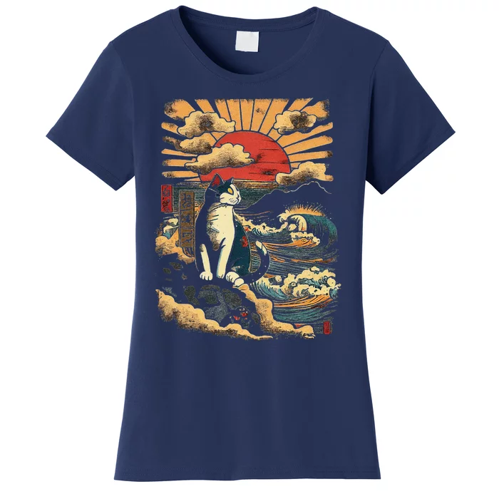 Catzilla Vintage Funny Cute Cat Art Japanese Sunset Graphic Women's T-Shirt