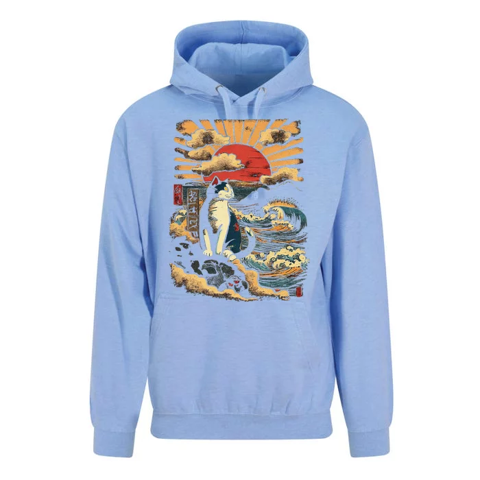 Catzilla Vintage Funny Cute Cat Art Japanese Sunset Graphic Unisex Surf Hoodie