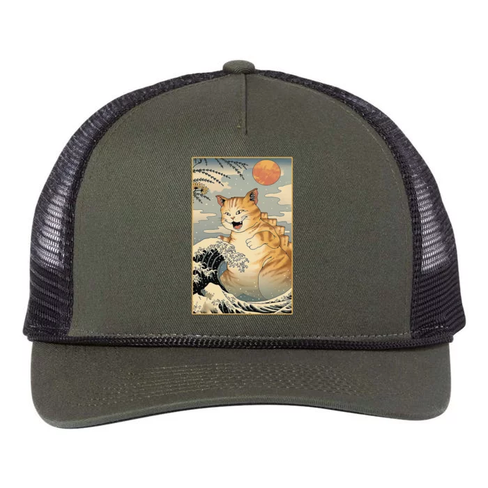 Catzilla Vintage Funny Cute Cat Art Japanese Sunset Retro Rope Trucker Hat Cap