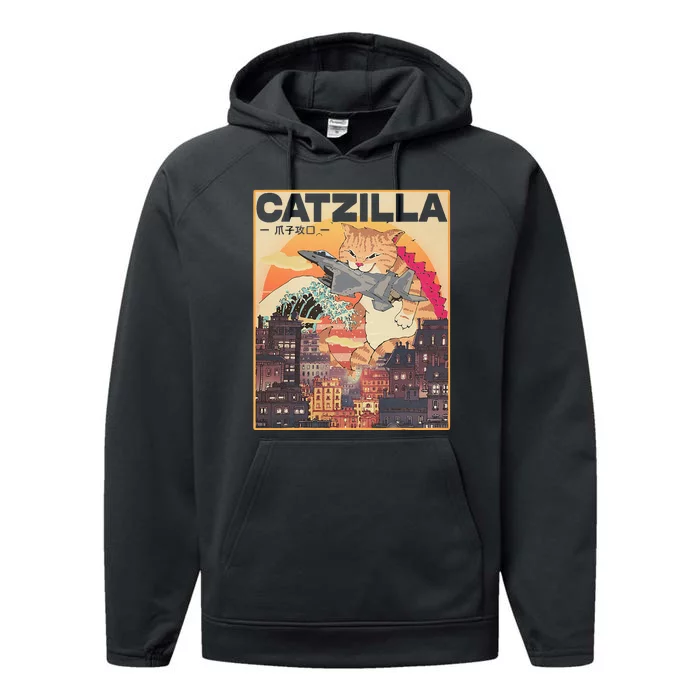 Catzilla Vintage Funny Cute Cat Art Japanese Sunset Performance Fleece Hoodie