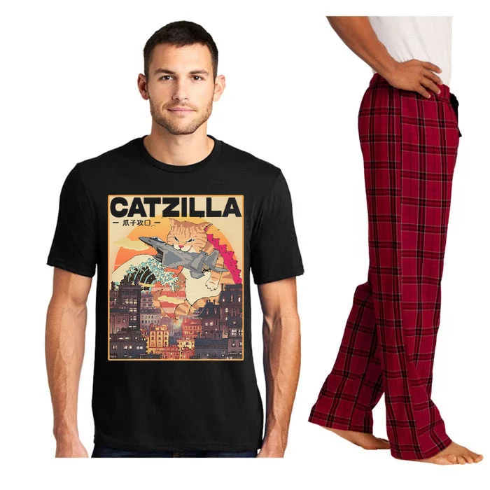 Catzilla Vintage Funny Cute Cat Art Japanese Sunset Pajama Set