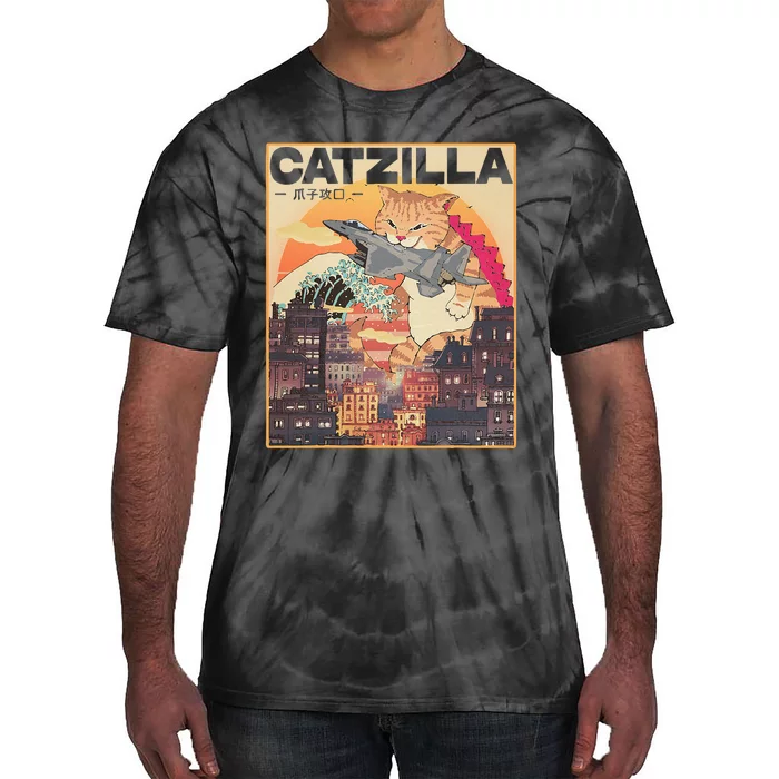 Catzilla Vintage Funny Cute Cat Art Japanese Sunset Tie-Dye T-Shirt