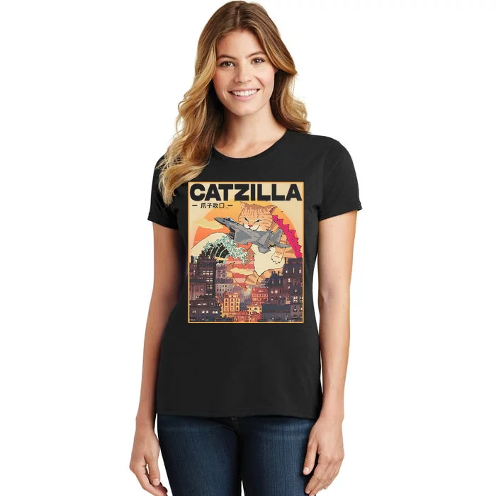 Catzilla Vintage Funny Cute Cat Art Japanese Sunset Women's T-Shirt