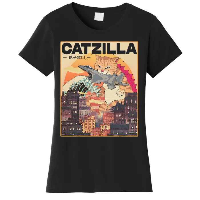 Catzilla Vintage Funny Cute Cat Art Japanese Sunset Women's T-Shirt