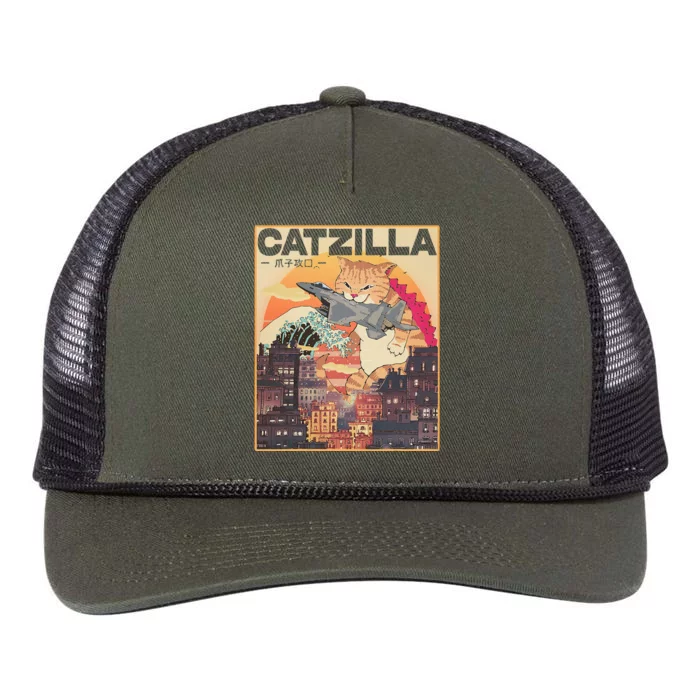 Catzilla Vintage Funny Cute Cat Art Japanese Sunset Retro Rope Trucker Hat Cap