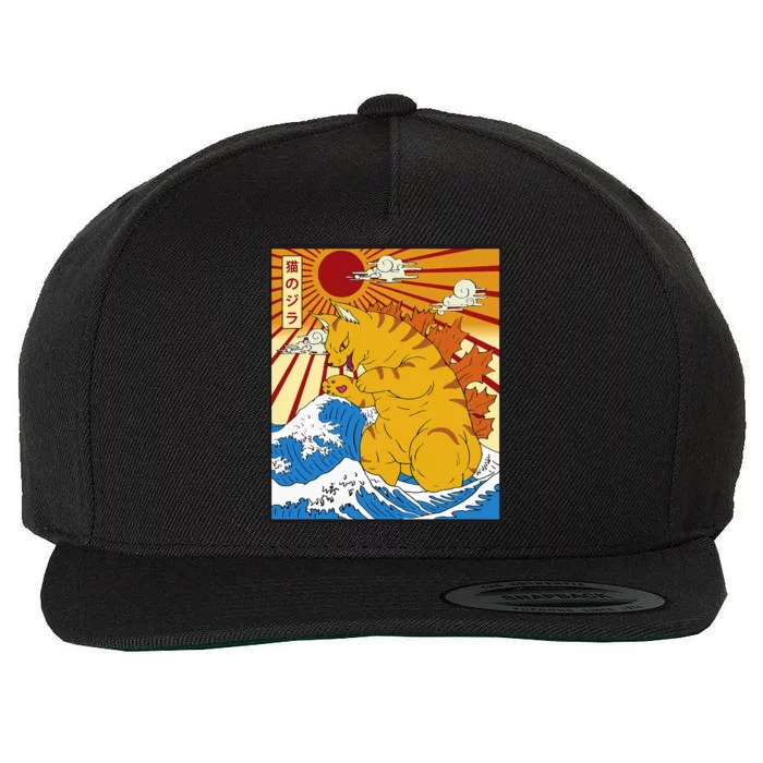 Catzilla Vintage Funny Cute Cat Art Japanese Sunset Wool Snapback Cap