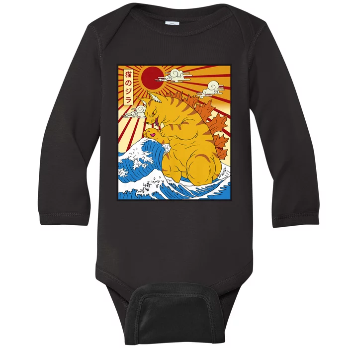 Catzilla Vintage Funny Cute Cat Art Japanese Sunset Baby Long Sleeve Bodysuit