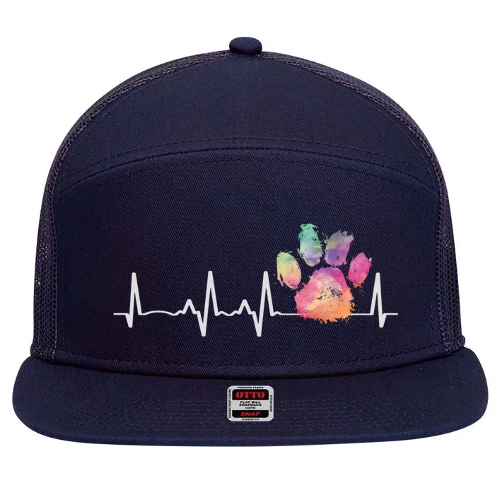 Cute Veterinarian Gift Rainbow Paw Print Heartbeat Vet Tech Gift 7 Panel Mesh Trucker Snapback Hat