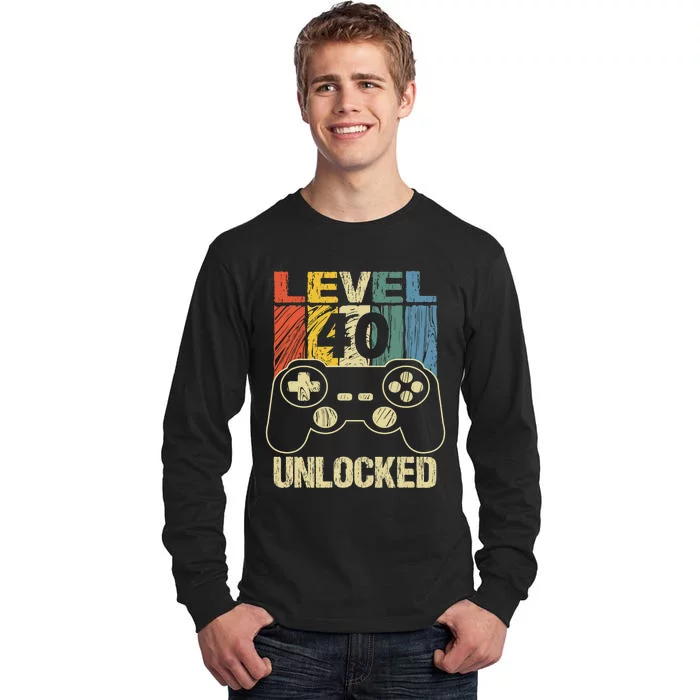 Cute Video Gamer 40th Birthday Gift Funny Level 40 Unlocked Tall Long Sleeve T-Shirt