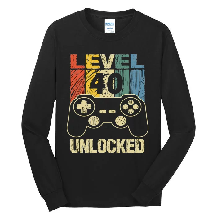 Cute Video Gamer 40th Birthday Gift Funny Level 40 Unlocked Tall Long Sleeve T-Shirt