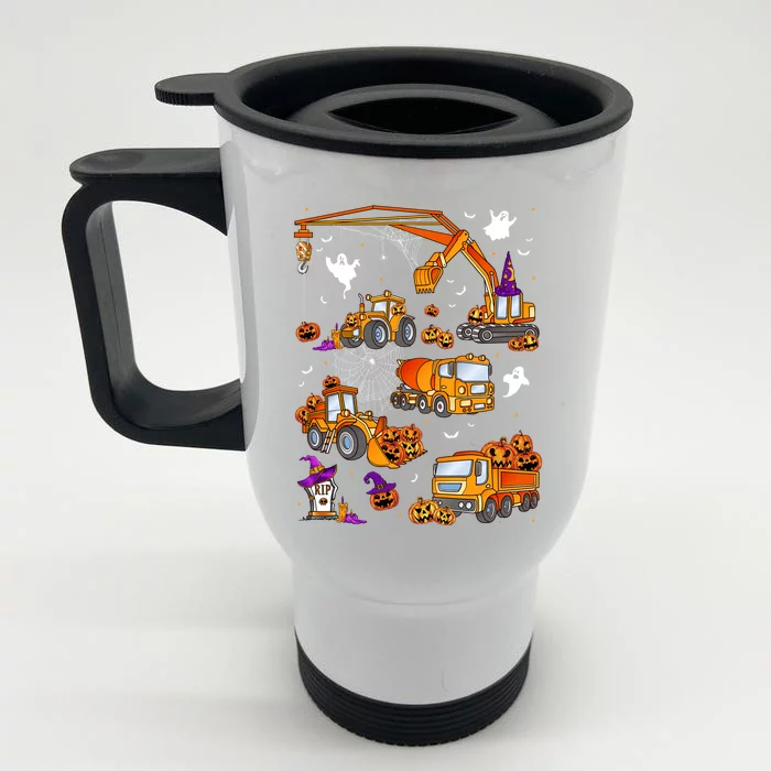 Construction Vehicle Halloween Crane Truck Pumpkin Gift Front & Back Stainless Steel Travel Mug