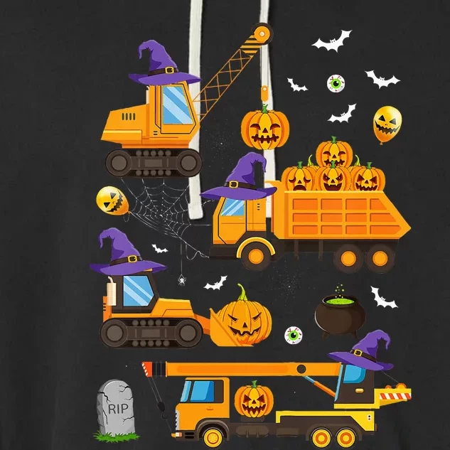 Construction Vehicle Halloween Crane Truck Pumpkin Witch Garment-Dyed Fleece Hoodie