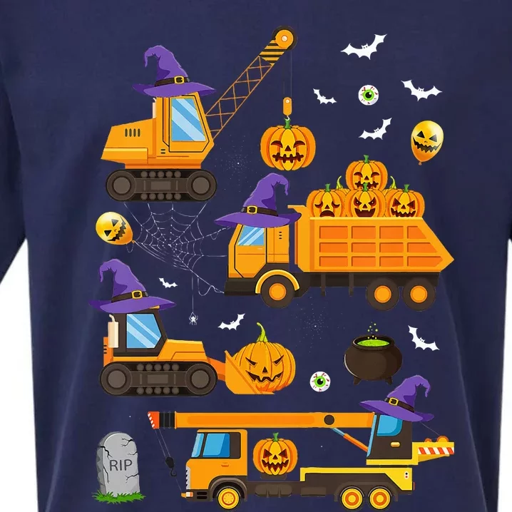 Construction Vehicle Halloween Crane Truck Pumpkin Witch Sueded Cloud Jersey T-Shirt