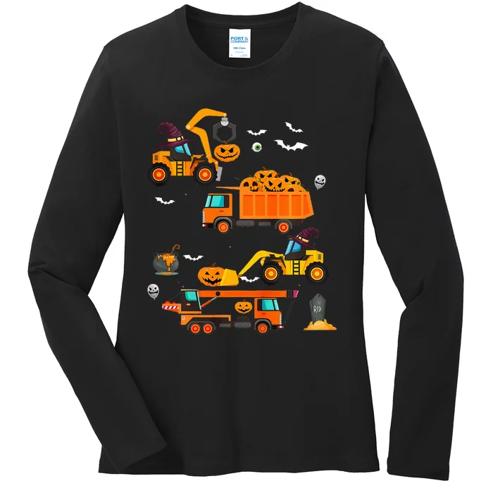 Construction Vehicle Halloween Crane Truck Pumpkin Ladies Long Sleeve Shirt