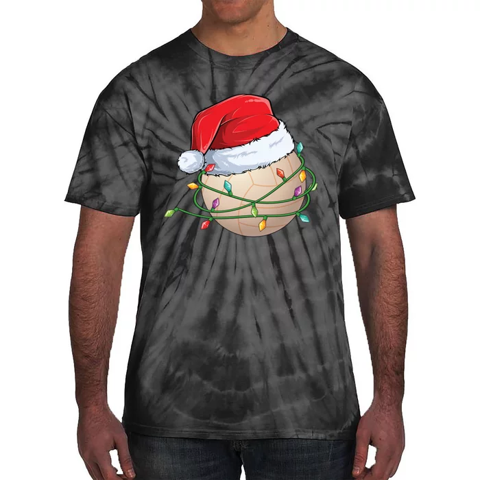 Christmas Volleyball In Santa Hat Wrapped In Holiday Lights Tie-Dye T-Shirt