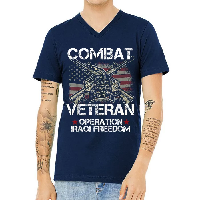 Combat Veteran Iraqi Freedom Military Usa American Flag Gift V-Neck T-Shirt