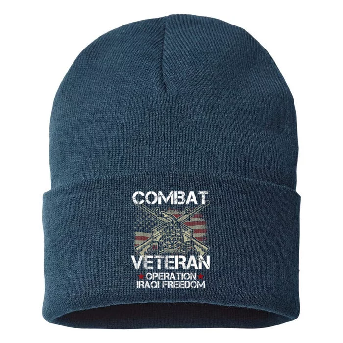 Combat Veteran Iraqi Freedom Military Usa American Flag Gift Sustainable Knit Beanie